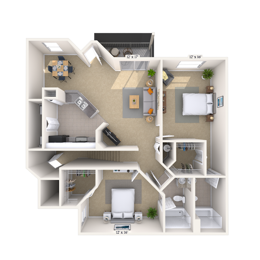 Floor plan for 2 beds, 2 baths, 1206 sqft